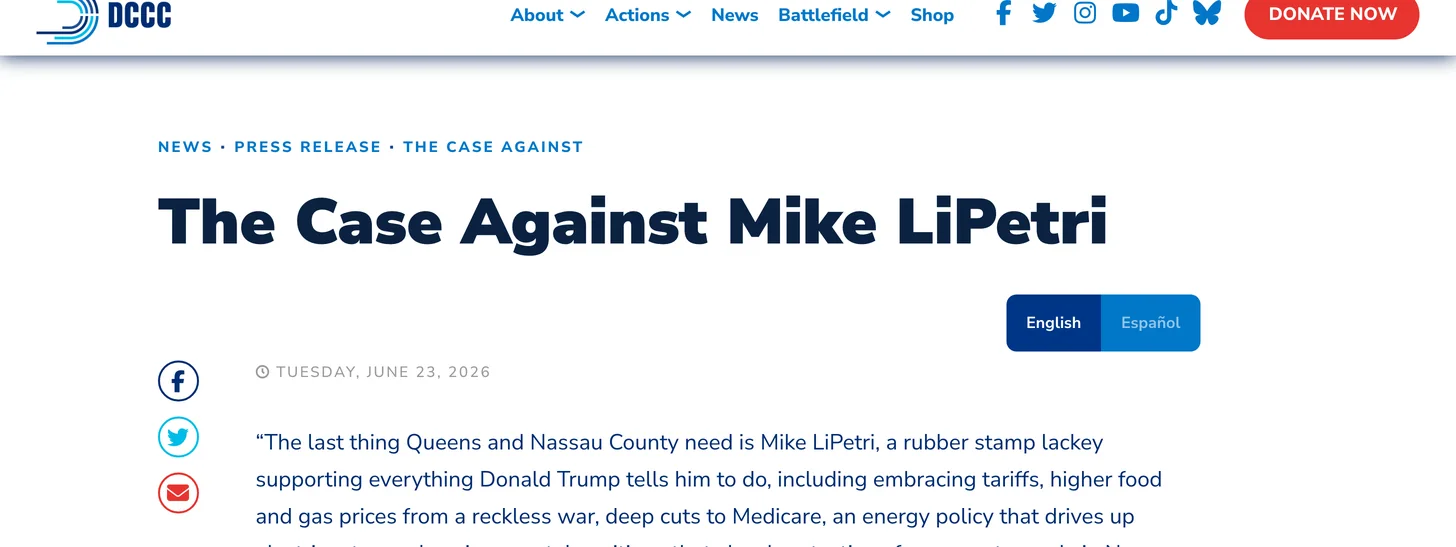 Screenshot of the DCCC's &ldquo;The Case Against Mike LiPetri&rdquo; page: a plain headline with the candidate's full name, a dateline, and body text.